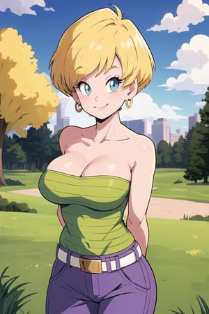 masterpiece, best quality,  erasa, blonde hair, earrings, green shirt, striped, strapless, cleavage, white belt, purple pants, large breasts, cowboy shot, smile, arms behind back, park, city, trees, grass, looking at viewer,erasa