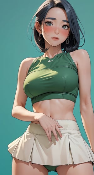 1girl, standing, thigh up body, ((looking at viewer, tennis girl outfit, midriff,)) center opening, 2D artstyle, outline, earings, blush, green background, hairstyle, ultra detailed, best quality, sharp focus, ,DiaSondef