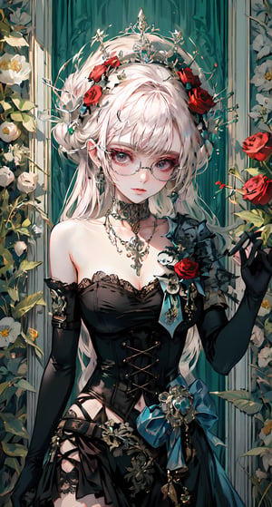 Imagine this. Upscaled. (Masterpiece, best quality, high resolution, highly detailed), score_9,score_8_up,score_7_up, 1girl, solo, long black gloves, glasses, (((white hair))), catholic, emo, tears, elbow gloves, embarrassed, long gloves, hearts, long hair, solo, 2.5D, clean artwork, detailed illustration, colorful, 1girl, 22 years old, long hair, straight hair, cute, round trim glasses, nose blush, slim eyes, pretty, seductive, attractive, alluring, mouth closed, beautiful nerdy, flirty, feminine, soft make up, vibrant, adorable, eyelashes, slender, high quality, masterpiece, solo focus, realistic, round chin, narrow face, big lips, (masterpiece, best quality, ultra-detailed), (perfect hands, perfect anatomy), Highly detailed, High Quality, Masterpiece, beautiful, (((red roses))), High detailed, detailed eyes, huge body, enamel latex elbow gloves, latex clothes, latex thighhighboots,cleavage, latex elbow gloves, big_dominant, serious, stern, latex corset. High resolution, extremely detailed, atmospheric scene, masterpiece, best quality, 64k, high quality, (HDR), HQ , very detailed, beautiful and aesthetic, heavy makeup, earrings, (masterpiece, best quality, high resolution, ultra detail), ((skindentation)), bare shoulders, soft skin, perfectly explained gloved hands, perfectly explained arms, Indoors detailed background, perfect lighting. (Hands:1.1), better_hands, best quality, high resolution. Upscaled synthography. Far view shot, smiling, Sexy mistress watching to the camera. FETISH: smile, smirk, looking at the viewer, sexy pose, lascivious, flirty face, blushing, lust, choker, cross necklace, shiny clothes, long enamel gloves, long leather gloves, heavy duty rubber gloves, leather corset, leather body harness, latex bodysuit, lingerie garter belt, thigh high boots, platform heels, breastfeeding chest, gigantic breasts, huge breasts Detailed dungeon environment, rocks and stones, ornate walls. (Beautiful and aesthetic:1.3), extreme detailed, colorful, highest detailed,((ultra-detailed)), (highly detailed illustration), ((an extremely delicate and beautiful)),cinematic light, shining on ground, 