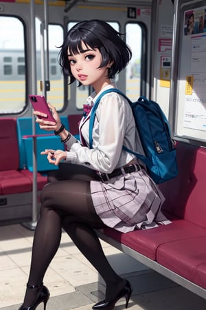 1 girl, ass, alone, thighs, phone, high heels, gray skirt, looking at viewer, bag, sitting, skirt, backpack, black hair, cell phone, jacket, train interior, lifting skirt, holding phone, hair long, lifting clothes, smartphone, holding, bangs, no panties, lips parted, school uniform, anime, more details, condom belt, gwenstacy,Masterpiece,black pantyhose,high heels,sitting crossed legs, high heels dangle,jane,Anime