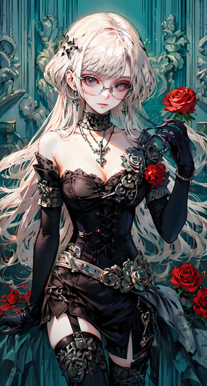 Imagine this. Upscaled. (Masterpiece, best quality, high resolution, highly detailed), score_9,score_8_up,score_7_up, 1girl, solo, long black gloves, glasses, (((white hair))), catholic, emo, tears, elbow gloves, embarrassed, long gloves, hearts, long hair, solo, 2.5D, clean artwork, detailed illustration, colorful, 1girl, 22 years old, long hair, straight hair, cute, round trim glasses, nose blush, slim eyes, pretty, seductive, attractive, alluring, mouth closed, beautiful nerdy, flirty, feminine, soft make up, vibrant, adorable, eyelashes, slender, high quality, masterpiece, solo focus, realistic, round chin, narrow face, big lips, (masterpiece, best quality, ultra-detailed), (perfect hands, perfect anatomy), Highly detailed, High Quality, Masterpiece, beautiful, (((red roses))), High detailed, detailed eyes, huge body, enamel latex elbow gloves, latex clothes, latex thighhighboots,cleavage, latex elbow gloves, big_dominant, serious, stern, latex corset. High resolution, extremely detailed, atmospheric scene, masterpiece, best quality, 64k, high quality, (HDR), HQ , very detailed, beautiful and aesthetic, heavy makeup, earrings, (masterpiece, best quality, high resolution, ultra detail), ((skindentation)), bare shoulders, soft skin, perfectly explained gloved hands, perfectly explained arms, Indoors detailed background, perfect lighting. (Hands:1.1), better_hands, best quality, high resolution. Upscaled synthography. Far view shot, smiling, Sexy mistress watching to the camera. FETISH: smile, smirk, looking at the viewer, sexy pose, lascivious, flirty face, blushing, lust, choker, cross necklace, shiny clothes, long enamel gloves, long leather gloves, heavy duty rubber gloves, leather corset, leather body harness, latex bodysuit, lingerie garter belt, thigh high boots, platform heels, breastfeeding chest, gigantic breasts, huge breasts Detailed dungeon environment, rocks and stones, ornate walls. (Beautiful and aesthetic:1.3), extreme detailed, colorful, highest detailed,((ultra-detailed)), (highly detailed illustration), ((an extremely delicate and beautiful)),cinematic light, shining on ground, 