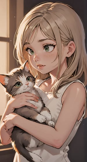 A stunning oil painting of a glamorous portrait of a little girl cradling a kitten in her arms. The image is bathed in cinematic lighting that creates a warm and evocative glow on the scene. The depth of field is beautifully crafted, drawing attention to the tender moment between the child and her beloved pet. The artwork captures an intriguing combination of hyperrealistic detail, precise architectural lighting, plastic and neon-like materials. Additionally, there are precisely anatomical elements which give a sense of realism to the image. The whole piece is masterfully crafted with great attention paid to every detail in order to create a truly stunning visual experience,1girl