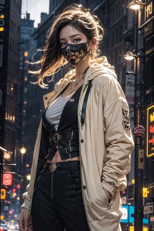 Master work, best picture quality, higher quality, ultra-high resolution, 8k resolution, exquisite facial features, perfect face, girl, assassin, fashion ((upper body clothing, hoodie inside, suit jacket outside)) sneakers, Black mask, cross earrings, carrying a delicate and beautiful samurai sword, night, city, movie style