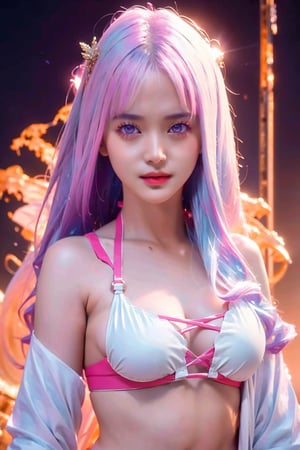(masterpiece, top quality, best quality, official art, beautiful and aesthetic:1.2), hdr, high contrast, wideshot, 1girl, blunt bangs, looking at viewer, (seducing act), frosty, icy eyeshadow, longfade eyebrow, soft make up, juicy lips, large breast, hourglass body, light smile, finger detailed, background detailed, ambient lighting, extreme detailed, cinematic shot, realistic ilustration, (soothing tones:1.3), (hyperdetailed:1.2), plmtbknazln, twintails, large breasts, navel, white string bikini, side-tie bikini bottom, pink ribbon, blunt bangs,r1ge,frey4,est4