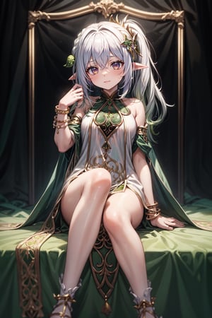 "Nahida appears as a young woman with fair skin, white hair styled in a side braid and a ponytail, and pointed ears. She has large green eyes and wears a large green headdress on one side of her head, which is also framed by uneven bangs. Additionally, she has flawless fingers with no defects, just as her hands are flawless without any imperfections.

Nahida's attire consists of a white dress adorned with green and gold details, loose sleeves of green patterned fabric, and a gold bracelet on her right wrist. Her dress is embellished with various green gems and intricately drawn golden designs. Underneath, she wears no underwear, exposing her naked vagina. On her back, she wears a split green cloak and white sandals trimmed with gold that leave her toes exposed.

Nahida is sitting, gazing at the night sky."