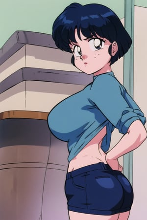 TendouAkane, Solo_Female, ((red long sleeves turtleneck shirt)), ((grey brown jeans)), short curly bob curvy bang blue hair, brown eyes, curvy wide hips, ((Thicc Juicy Big Butt)), Bootylicious, back_view, ((hands on hips)), looking-at-viewer, masterpiece, best quality, detailed face, detailed, high_resolution, 4k,EPTakeuchiNaokoStyle,