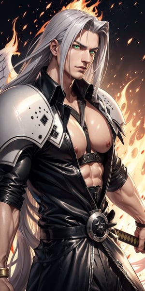 Sephiroth (Final Fantasy),single white wing,one winged angel wing,green glowing eyes,arrogant,manly,confident,fantasy,scifi masamune,extremely long katana,dramatic,fire,(huge breast:1.3)