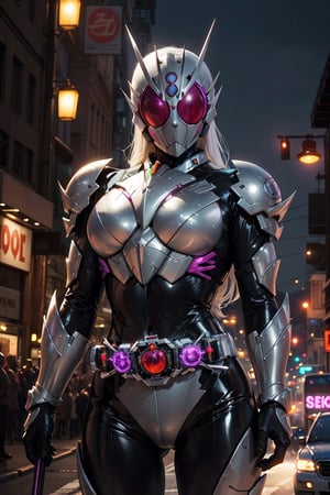 1girl, kamenrider, silver Kamen Rider, hyper HD, 4K, where neon lights illuminate the night, the iconic figure of Kamen Rider emerges. Her hyper-realistic appearance, captured in stunning 4K definition, leaves the crowd in awe. Witness the famous scenes of this mechanical marvel in action, as she defends against the darkness that threatens humanity, her hyper-detailed armor gleaming under the city lights, 