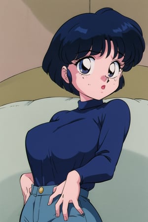 TendouAkane, Solo_Female, ((red long sleeves turtleneck shirt)), ((grey brown jeans)), short curly bob curvy bang blue hair, brown eyes, curvy wide hips, ((Thicc Juicy Big Butt)), Bootylicious, back_view, ((hands on hips)), looking-at-viewer, masterpiece, best quality, detailed face, detailed, high_resolution, 4k,EPTakeuchiNaokoStyle,