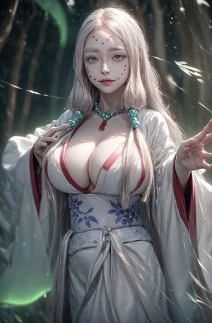 masterpiece, best quality, MTSpiderV4, 1girl, solo, white skin, long hair, (natural huge breasts) , beads, japanese clothes, ((white kimono)), silk, stone, forest, aurora borealis, spider web, 
