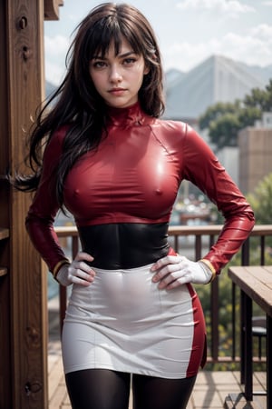   smile,   mature_woman, 27 years old, stern expression, frustrated, disappointed, flirty pose, sexy, looking at viewer, scenic view, Extremely Realistic, high resolution, masterpiece, 

 frlgsabrina, blunt bangs, very long hair, black bodysuit, red crop top, turtleneck, red sleeves, red skirt, white gloves, black pantyhose,  cowboy shot, emotionless, looking at viewer, hand to hip