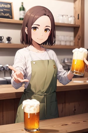 Beautiful, 4k, Masterpiece, high quality, highly detailed,Perfect Hand, Pose details, Serving beers, Hand on beers, physical detail, Happy, Smiling, Clothing, white shirt, brown apron, Place, Bar, Character, Kotoha Tachibana