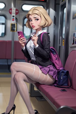 1 girl, ass, alone, thighs, phone, high heels, gray skirt, looking at viewer, bag, sitting, skirt, backpack, black hair, cell phone, jacket, train interior, lifting skirt, holding phone, hair long, lifting clothes, smartphone, holding, bangs, no panties, lips parted, school uniform, anime, more details, condom belt, gwenstacy,Masterpiece,black pantyhose,high heels,sitting crossed legs, high heels dangle,jane,Anime