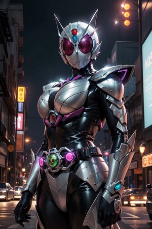 1girl, kamenrider, silver Kamen Rider, hyper HD, 4K, where neon lights illuminate the night, the iconic figure of Kamen Rider emerges. Her hyper-realistic appearance, captured in stunning 4K definition, leaves the crowd in awe. Witness the famous scenes of this mechanical marvel in action, as she defends against the darkness that threatens humanity, her hyper-detailed armor gleaming under the city lights, 