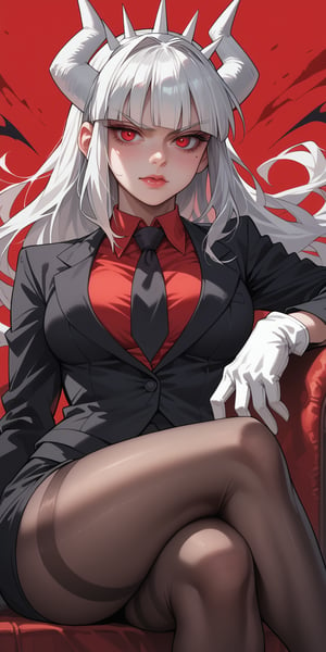 score_9, ,score_8_up,score_7_up,score_6_up, lucifer \(helltaker\), 1girl, black necktie, black suit, crossed legs, demon girl, demon horns, gloves, horns, long hair, mole, mole under eye, necktie, red background, red eyes, red shirt, shirt, solo, suit, white gloves, white hair, white horns