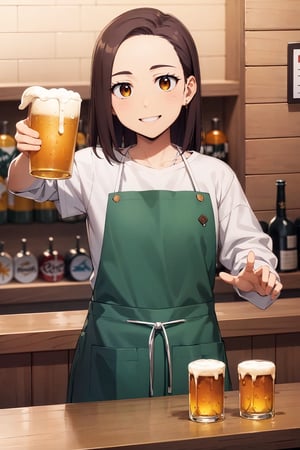 Beautiful, 4k, Masterpiece, high quality, highly detailed,Perfect Hand, Pose details, Serving beers, Hand on beers, physical detail, Happy, Smiling, Clothing, white shirt, brown apron, Place, Bar, Character, Kotoha Tachibana