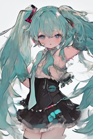 masterpiece,white_background,cowboy_shot,best quality,MIKU HATSUNE,Blue-green hair