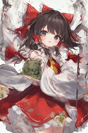 masterpiece,white_background,cowboy_shot,hakurei reimu,miko,holding money,DETACHED SLEEVES,best quality