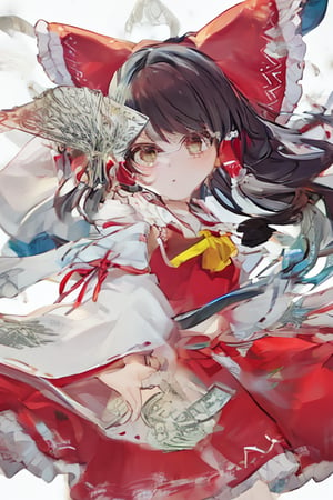 masterpiece,white_background,cowboy_shot,hakurei reimu,miko,holding money,DETACHED SLEEVES,best quality,