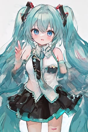 1girl,white_background,cowboy_shot,MIKU HATSUNE,Blue-green hair