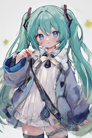 1girl,white_background,cowboy_shot,MIKU HATSUNE,Blue-green hair