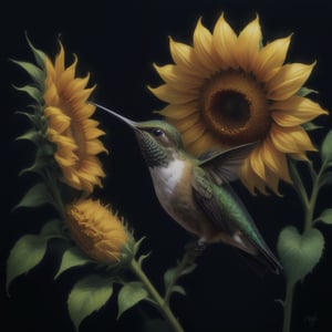 Create an elegant and captivating portrait of a wonderful hummingbird sniffing a sunflower. Use vibrant light and shadow to highlight complex details and jagged edges. Let the dark black and gold textured background accentuate the painting, combining modern styles with neon green and yellow paints, give a touch of pen painting, watercolor and oil techniques. Embrace negative space with captivating brushstrokes and stencil art, evoking beauty and allure.,Digital painting ,<lora:659095807385103906:1.0>