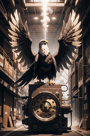 Generates an image of a majestic Steampunk-style robot eagle. Its body is meticulously constructed using intricate clockwork mechanisms, with gears and bronze parts forming its structure. Its rusted metal wings spread elegantly, displaying details of rivets and steam pipes. His eyes shine with an intense golden light, while his beak is adorned with brass ornaments. The eagle stands in an imposing pose, as if it is about to take flight into the steamy skies of a Steampunk city