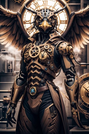 Generates an image of a majestic Steampunk-style robot eagle. Its body is meticulously constructed using intricate clockwork mechanisms, with gears and bronze parts forming its structure. Its rusted metal wings spread elegantly, displaying details of rivets and steam pipes. His eyes shine with an intense golden light, while his beak is adorned with brass ornaments. The eagle stands in an imposing pose, as if it is about to take flight into the steamy skies of a Steampunk city,mechanical,metal