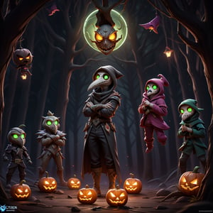 "death prophet" from Dota2 surrounded by her ghosts, glowing green eyes, full body shot, cinematic lighting, gloomy mood, horror,plague doctor,horror,Jack o 'Lantern, jack-o'-lantern monster, little elves with jack-o'-lantern heads, clash of clash