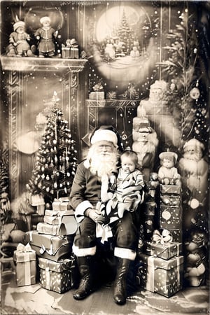 black and white photography.
Santa Claus with a small child on his knee, surrounded by gifts of various colors, Christmas atmosphere

Art style by Kate Baylay,