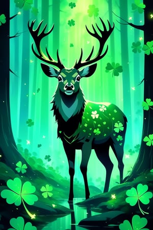 A deer with antlers full of four-leaf clovers in a green forest full of four-leaf clovers, magical forest, magical lighting, high quality, dreamlike atmosphere,Eagle ,cyberpunk style