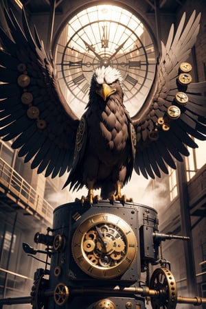 Generates an image of a majestic Steampunk-style robot eagle. Its body is meticulously constructed using intricate clockwork mechanisms, with gears and bronze parts forming its structure. Its rusted metal wings spread elegantly, displaying details of rivets and steam pipes. His eyes shine with an intense golden light, while his beak is adorned with brass ornaments. The eagle stands in an imposing pose, as if it is about to take flight into the steamy skies of a Steampunk city