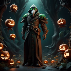 "death prophet" from Dota2 surrounded by her ghosts, glowing green eyes, full body shot, cinematic lighting, gloomy mood, horror,plague doctor,horror,Jack o 'Lantern, jack-o'-lantern monster, little elves with jack-o'-lantern heads, clash of clash, heterochromia,EpicArt,AGE REGRESSION,DonMG414 