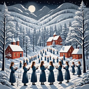 Artistic style of Gerd Arntz, girls in a snowy landscape singing in a choir, snowy and Christmas landscape.,Leonardo Style