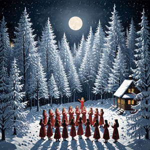 Artistic style of Gerd Arntz, girls in a snowy landscape singing in a choir, snowy and Christmas landscape.,Leonardo Style,ral-chrcrts