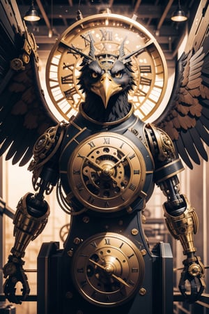 Generates an image of a majestic Steampunk-style robot eagle. Its body is meticulously constructed using intricate clockwork mechanisms, with gears and bronze parts forming its structure. Its rusted metal wings spread elegantly, displaying details of rivets and steam pipes. His eyes shine with an intense golden light, while his beak is adorned with brass ornaments. The eagle stands in an imposing pose, as if it is about to take flight into the steamy skies of a Steampunk city,mechanical,metal