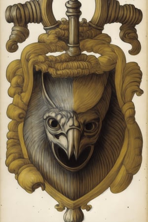 Medieval style ornamental coat of arms, head of a cyborg eagle