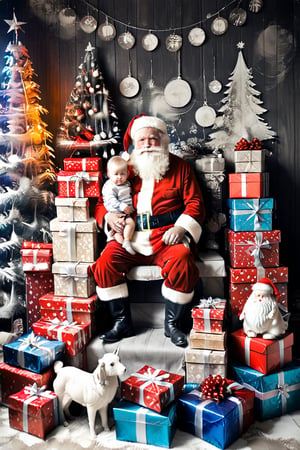 black and white photography.
Santa Claus with a small child on his knee, surrounded by gifts of various colors, Christmas atmosphere

Art style by Kate Baylay,