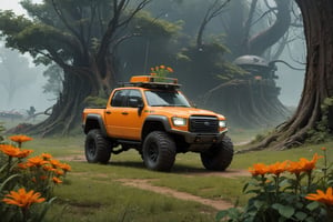  in a green meadow, , in forest, surrounded by nature,  bright orange flowers, sunny day, Futuristic truck, 4x4, truck with weapons,, high quality, great detail, enveloping atmosphere,,  Spider Tank in a green meadow,non-humanoid robot