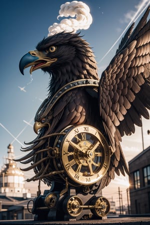 Generates an image of a majestic Steampunk-style robot eagle. Its body is meticulously constructed using intricate clockwork mechanisms, with gears and bronze parts forming its structure. Its rusted metal wings spread elegantly, displaying details of rivets and steam pipes. His eyes shine with an intense golden light, while his beak is adorned with brass ornaments. The eagle stands in an imposing pose, as if it is about to take flight into the steamy skies of a Steampunk city