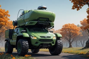  in a green meadow, , surrounded by nature,  bright orange flowers, sunny day, Futuristic truck, 4x4, truck with weapons,, truck, high quality, great detail, enveloping atmosphere,,  Spider Tank in a green meadow,non-humanoid robot