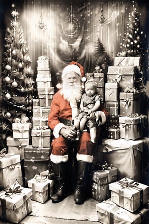 black and white photography.
High quality in the face, HD, extremely high quality in the face
Santa Claus with a small child on his knee, surrounded by gifts of various colors, Christmas atmosphere

Art style by Kate Baylay,photorealistic