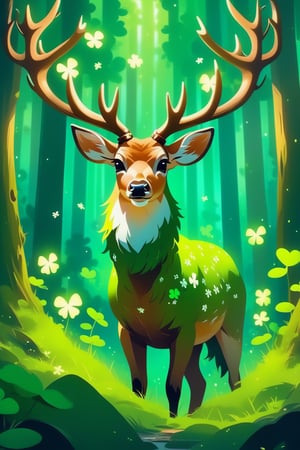 A deer with antlers full of four-leaf clovers in a green forest full of four-leaf clovers, magical forest, magical lighting, high quality, dreamlike atmosphere,Eagle ,cyberpunk style