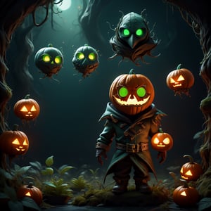 "death prophet" from Dota2 surrounded by her ghosts, glowing green eyes, full body shot, cinematic lighting, gloomy mood, horror,plague doctor,horror,Jack o 'Lantern, jack-o'-lantern monster, little elves with jack-o'-lantern heads, clash of clash, heterochromia,EpicArt,AGE REGRESSION,DonMG414 