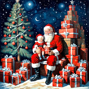 Santa Claus with a small child on his knee, surrounded by gifts, Christmas atmosphere

Art style by Kate Baylay