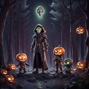 "death prophet" from Dota2 surrounded by her ghosts, glowing green eyes, full body shot, cinematic lighting, gloomy mood, horror,plague doctor,horror,Jack o 'Lantern, jack-o'-lantern monster, little elves with jack-o'-lantern heads, clash of clash, heterochromia,EpicArt,AGE REGRESSION