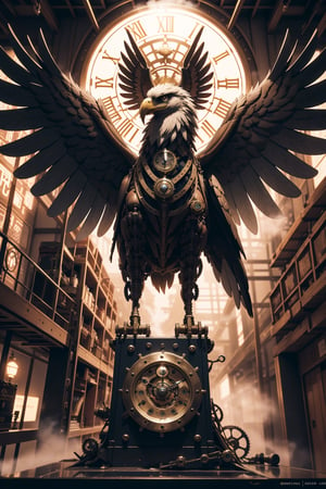 Generates an image of a majestic Steampunk-style robot eagle. Its body is meticulously constructed using intricate clockwork mechanisms, with gears and bronze parts forming its structure. Its rusted metal wings spread elegantly, displaying details of rivets and steam pipes. His eyes shine with an intense golden light, while his beak is adorned with brass ornaments. The eagle stands in an imposing pose, as if it is about to take flight into the steamy skies of a Steampunk city