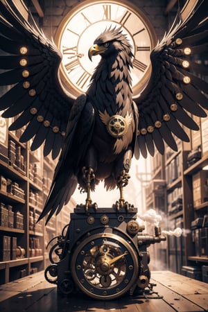 Generates an image of a majestic Steampunk-style robot eagle. Its body is meticulously constructed using intricate clockwork mechanisms, with gears and bronze parts forming its structure. Its rusted metal wings spread elegantly, displaying details of rivets and steam pipes. His eyes shine with an intense golden light, while his beak is adorned with brass ornaments. The eagle stands in an imposing pose, as if it is about to take flight into the steamy skies of a Steampunk city