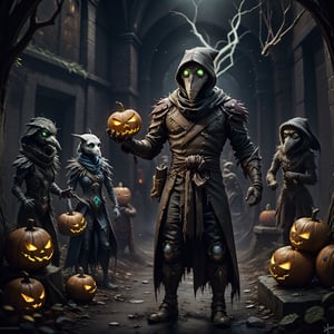 "death prophet" from Dota2 surrounded by her ghosts, glowing green eyes, full body shot, cinematic lighting, gloomy mood, horror,plague doctor,horror,Jack o 'Lantern