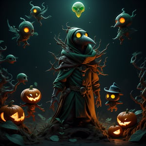 "death prophet" from Dota2 surrounded by her ghosts, glowing green eyes, full body shot, cinematic lighting, gloomy mood, horror,plague doctor,horror,Jack o 'Lantern, jack-o'-lantern monster, little elves with jack-o'-lantern heads, clash of clash, heterochromia,EpicArt,AGE REGRESSION,DonMG414 